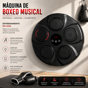 Máquina de boxeo musical para pared con luces LED, zonas de golpeo y panel de control. Ideal para entrenar reflejos, coordinación y condición física en casa.