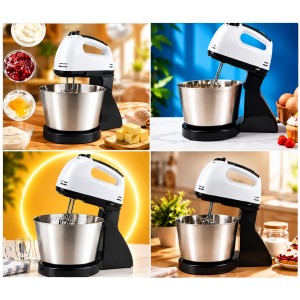 Batidora eléctrica con tazón de acero inoxidable y base, práctica para preparar mezclas, cremas y recetas de repostería. Disponible por mayoreo.