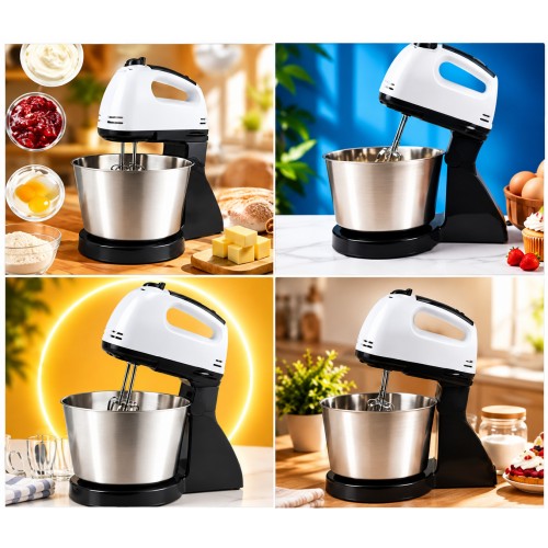 Batidora eléctrica con tazón de acero inoxidable y base, práctica para preparar mezclas, cremas y recetas de repostería. Disponible por mayoreo.