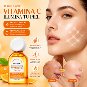 Sérum facial de vitamina C, ideal para hidratar, iluminar y suavizar la piel. Textura ligera para rutina diaria de skincare. Disponible por mayoreo.