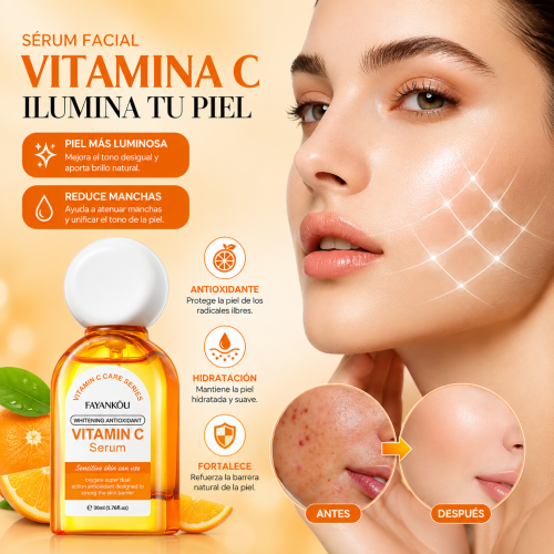 Sérum facial de vitamina C, ideal para hidratar, iluminar y suavizar la piel. Textura ligera para rutina diaria de skincare. Disponible por mayoreo.