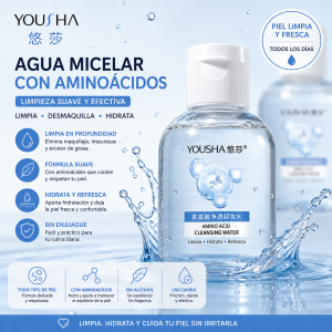 Agua micelar desmaquillante con aminoácidos, ideal para limpiar, refrescar e hidratar la piel. Práctica para uso diario y disponible por mayoreo.