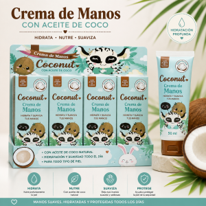 Crema de manos con aceite de coco, práctica para hidratar y suavizar la piel. Ideal para uso diario, cuidado personal y venta por mayoreo.
