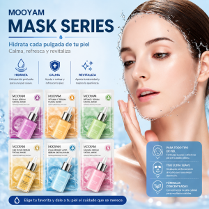 Mascarilla facial hidratante Mooyam Mask Series en sobre individual, ideal para refrescar, hidratar y suavizar la piel. Disponible por mayoreo.