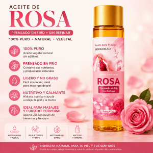 Aceite de rosa para masaje y cuidado corporal, con textura ligera y aroma floral. Ideal para spa, estética, relajación y uso diario. Disponible por mayoreo.
