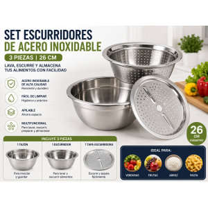 Set de Tazón, Escurridor y Tapa Escurridora de Acero Inoxidable 26 cm- Por mayoreo 