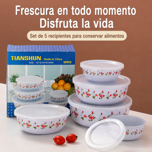 Set de Tuppers 5 Piezas para Conservación de Alimentos con diseño floral 10/18cm-  Por mayoreo 
