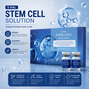 Ampollas faciales Stem Cell Solution, ideales para hidratar, suavizar y revitalizar la piel. Presentación en viales disponible por mayoreo.