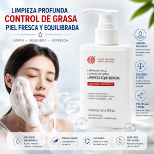 Limpiador facial control de grasa con ácido hialurónico, ideal para limpieza profunda, frescura e hidratación. Disponible por mayoreo.