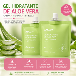 Gel hidratante de aloe vera en pouch de 30 g, práctico para refrescar e hidratar rostro y cuerpo. Presentación portátil disponible por mayoreo.