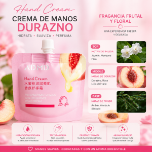 Crema de manos de durazno con textura ligera y aroma frutal floral. Ideal para hidratar, suavizar y perfumar la piel. Disponible por mayoreo.