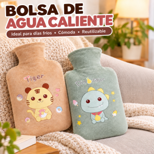 Bolsa de agua caliente reutilizable con funda suave y diseños decorativos. Ideal para brindar calidez y comodidad durante los días fríos. Venta por mayoreo.