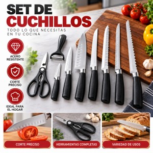 Set de cuchillos con diferentes piezas y utensilios para preparar alimentos. Práctico para cocina, hogar y venta por mayoreo.