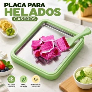 Placa para preparar helados y postres fríos en casa. Incluye espátula y cuenta con superficie metálica. Disponible por mayoreo.