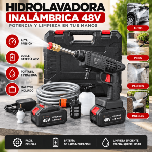 Hidrolavadora inalámbrica 48V con doble batería, manguera, cargador, botella para espuma y maletín. Ideal para limpieza de autos, patios, pisos y exteriores. Venta por mayoreo.