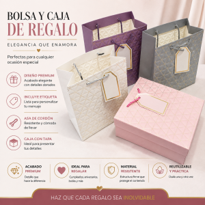 Bolsa y caja de regalo con acabado premium, detalles dorados, colores surtidos, etiqueta decorativa y asa de cordón. Ideal para regalos y eventos. Venta por mayoreo.