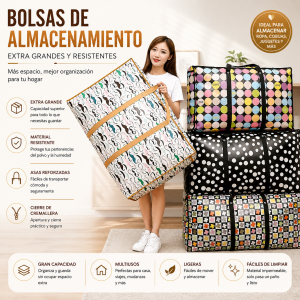 Bolsas de almacenamiento extra grandes con asas reforzadas y cierre de cremallera. Ideales para ropa, cobijas, mudanzas, viajes y organización del hogar.