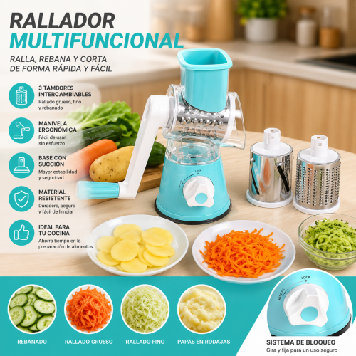 Rallador y Rebanador Multifuncional Manual con 3 Tambores Intercambiables por Mayoreo Rallador y Rebanador Multifuncional Manual con 3 Tambores Intercambiables por Mayoreo