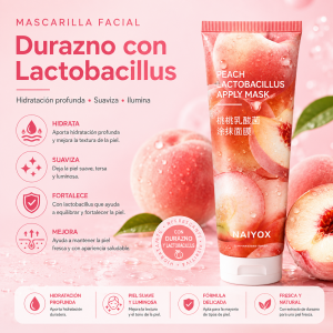 Mascarilla facial de durazno con lactobacillus, ideal para hidratar, suavizar y refrescar la piel. Disponible por mayoreo.