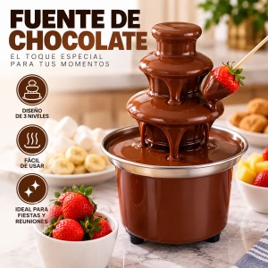 Fuente de chocolate de 3 niveles, práctica para fiestas, reuniones, eventos y mesas de postres. Venta por mayoreo.