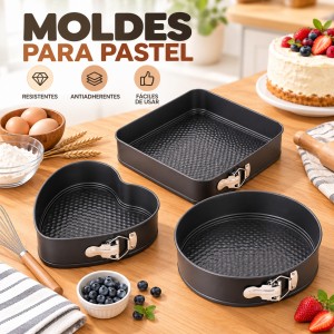 Set de 3 moldes para pastel en formas redonda, cuadrada y corazón, con práctico broche lateral desmontable. Venta por mayoreo.