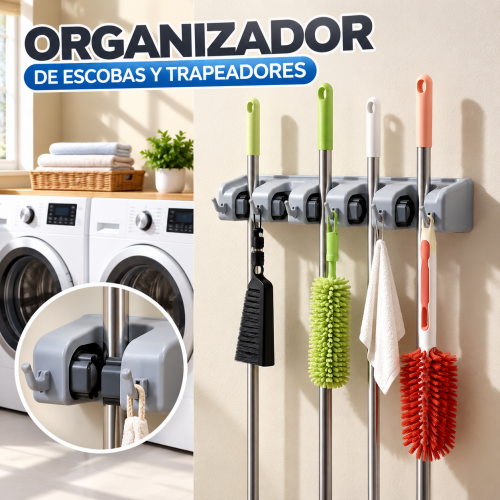 Organizador de pared para escobas, trapeadores y accesorios de limpieza. Práctico para mantener los utensilios ordenados y ahorrar espacio. Venta por mayoreo. Organizador de pared para escobas, trapeadores y accesorios de limpieza. Práctico para mantener los utensilios ordenados y ahorrar espacio. Venta por mayoreo.