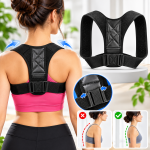 Corrector de postura ajustable con soporte para espalda y hombros. Diseño práctico con correas regulables para uso cotidiano. Venta por mayoreo.