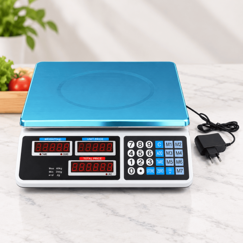 Báscula digital comercial con plataforma amplia, pantalla LED y teclado numérico. Ideal para tiendas, mercados y negocios. Disponible por mayoreo