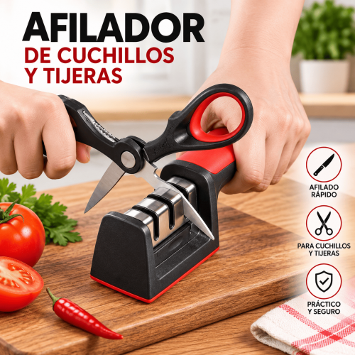 Afilador práctico para cuchillos y tijeras con ranuras de afilado, base estable y mango ergonómico. Ideal para cocina, hogar o negocio. Disponible por mayoreo.