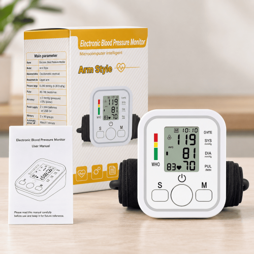 Monitor digital de presión arterial para brazo con pantalla LCD, brazalete ajustable y medición de presión y pulso. Disponible por mayoreo.