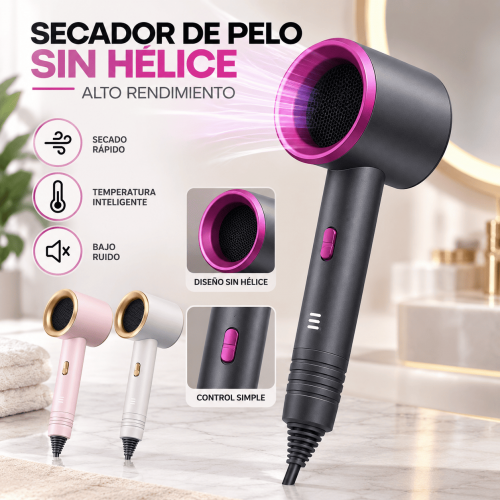 Secador de pelo sin hélice con diseño moderno, salida de aire frontal y mango ergonómico. Ideal para casa, estética o salón. Disponible por mayoreo.