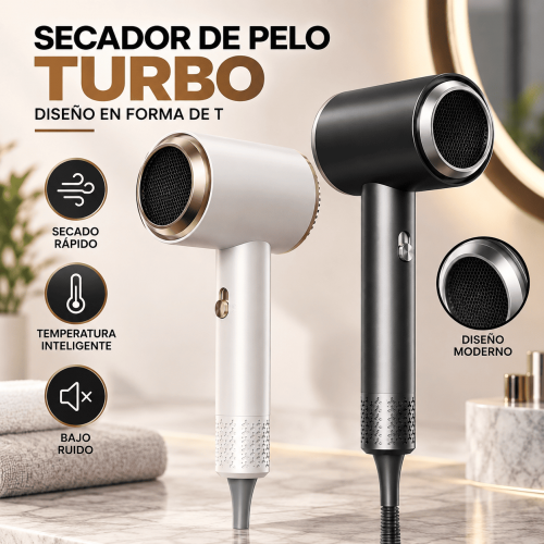 Secador de pelo turbo con diseño en forma de T, mango ergonómico y salida de aire frontal. Ideal para casa, estética o salón. Disponible por mayoreo.