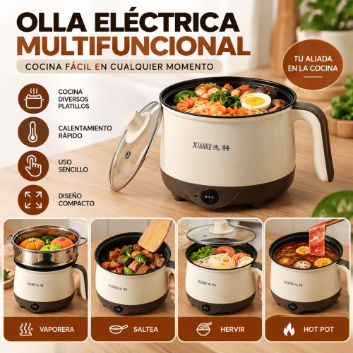 Olla eléctrica multifuncional con tapa, mango lateral y control frontal. Ideal para hervir, cocinar, saltear y preparar platillos al vapor. Disponible por mayoreo.