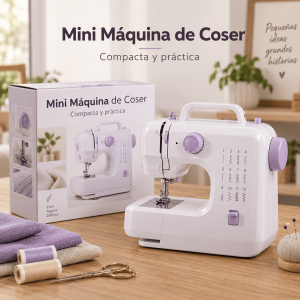 Mini máquina de coser compacta para reparaciones, ajustes de ropa, manualidades y proyectos básicos de costura. Producto práctico en venta por mayoreo.