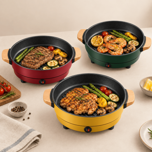 Parrilla eléctrica para asar con diseño de mesa, superficie tipo grill, asas laterales y colores llamativos. Ideal para carnes, verduras y mariscos. Disponible por mayoreo.