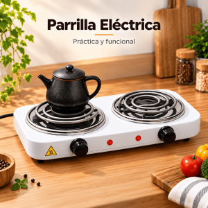Parrilla eléctrica doble con dos quemadores, perillas de control e indicadores de encendido. Ideal para cocina, hogar o negocio. Venta por mayoreo.