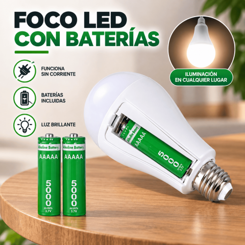 Foco LED con compartimento para baterías, ideal para iluminación en casa, emergencias, camping o espacios sin corriente directa. Disponible por mayoreo.
