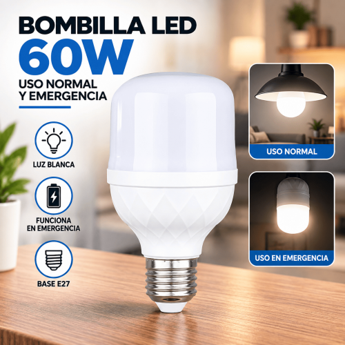 Bombilla LED de 60W con base E27 para uso normal y emergencia. Ideal para hogar, negocio, oficina o bodega. Disponible por mayoreo. Bombilla LED de 60W con base E27 para uso normal y emergencia. Ideal para hogar, negocio, oficina o bodega. Disponible por mayoreo.