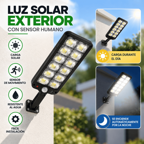 Luz solar exterior con sensor humano, panel solar y diseño tipo reflector LED para patios, jardines, entradas y pasillos. Disponible por mayoreo.