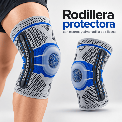 Rodillera protectora con resortes y almohadilla de silicona, con tejido elástico y ajuste cómodo para deporte, entrenamiento, caminata o uso diario. Disponible por mayoreo.