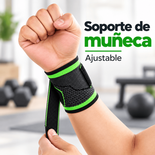Soporte de muñeca ajustable con material transpirable y cinta de sujeción. Ideal para deporte, entrenamiento o uso diario. Disponible por mayoreo.