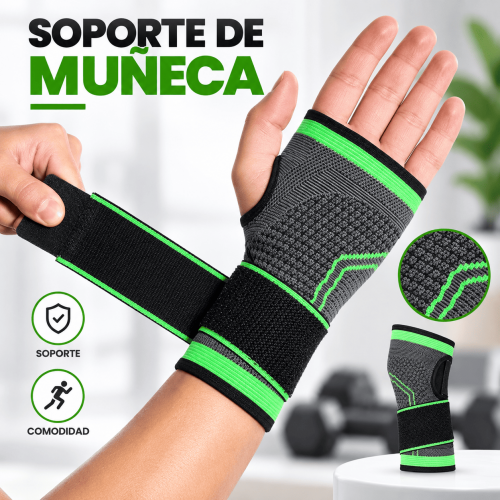 Soporte de muñeca ajustable con cinta de sujeción y tejido transpirable. Ideal para deporte, entrenamiento, trabajo o uso diario. Disponible por mayoreo.