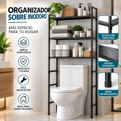 Organizador sobre inodoro con repisas para baño, ideal para ahorrar espacio y acomodar toallas, papel, higiene personal y accesorios. Disponible por mayoreo.