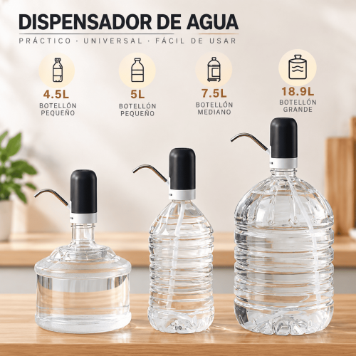 Dispensador de agua eléctrico compatible con botellones de varias capacidades. Diseño práctico, compacto y fácil de usar. Disponible por mayoreo.