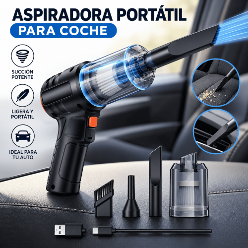 Aspiradora portátil para coche con diseño compacto, accesorios de limpieza y carga USB. Ideal para mantener limpio el interior del auto. Disponible por mayoreo.