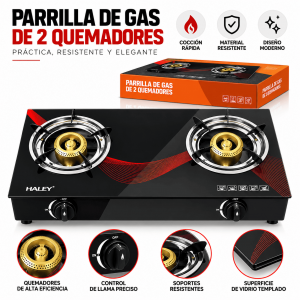 Parrilla de gas de 2 quemadores con vidrio templado, perillas de control y diseño moderno. Ideal para hogar, negocio o cocina auxiliar. Venta por mayoreo.