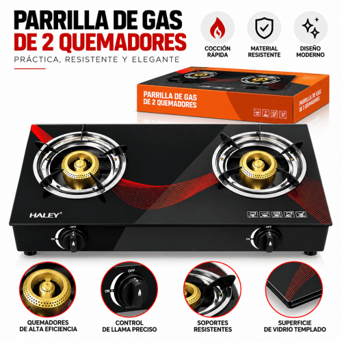 Parrilla de gas de 2 quemadores con vidrio templado, perillas de control y diseño moderno. Ideal para hogar, negocio o cocina auxiliar. Venta por mayoreo.