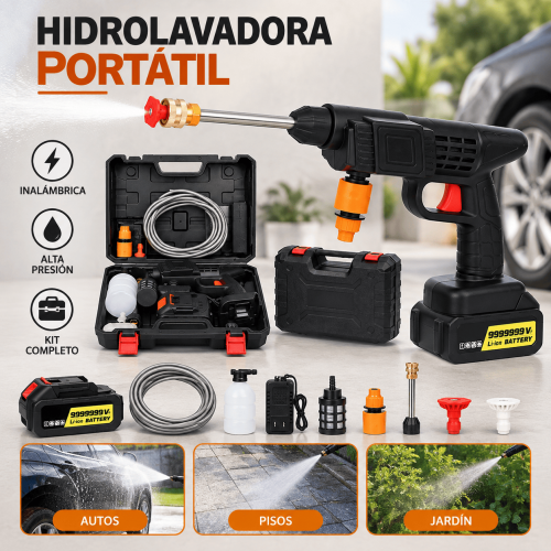 Hidrolavadora portátil inalámbrica con accesorios, batería, cargador y maletín. Ideal para autos, patios, pisos, jardín y limpieza exterior. Disponible por mayoreo.