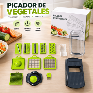 Picador de vegetales multifuncional con accesorios para cortar, rebanar y rallar alimentos de forma práctica. Ideal para cocina y venta por mayoreo.