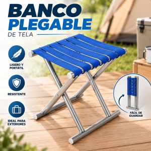 Banco plegable de tela ligero, portátil y fácil de guardar. Ideal para exteriores, camping, pesca, playa, jardín y uso como asiento auxiliar. Venta por mayoreo.